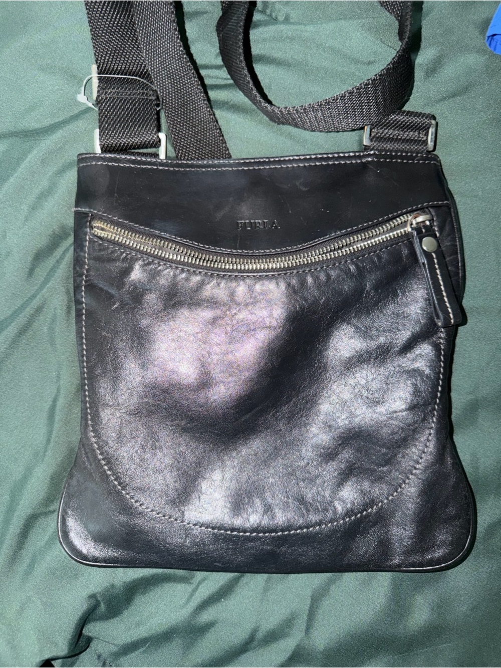 Furla Black Leather Messenger Crossbody with Silver Zip
